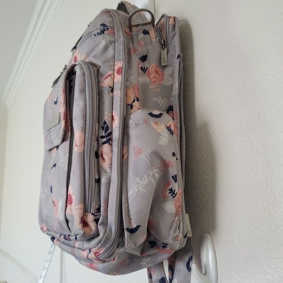 JuJuBe Be Right Back Multi-Function Diaper Backpack Floral Gray Multi Zip Pocket - Picture 7 of 16